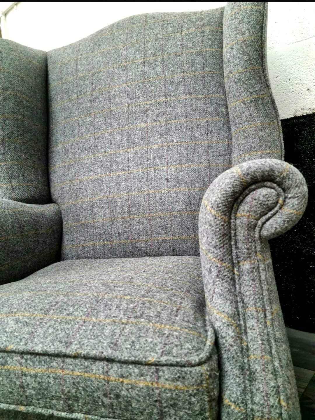 Christopher pratt cambridge armchair reupholstered in harris tweed huntsman slate gray upholstery 