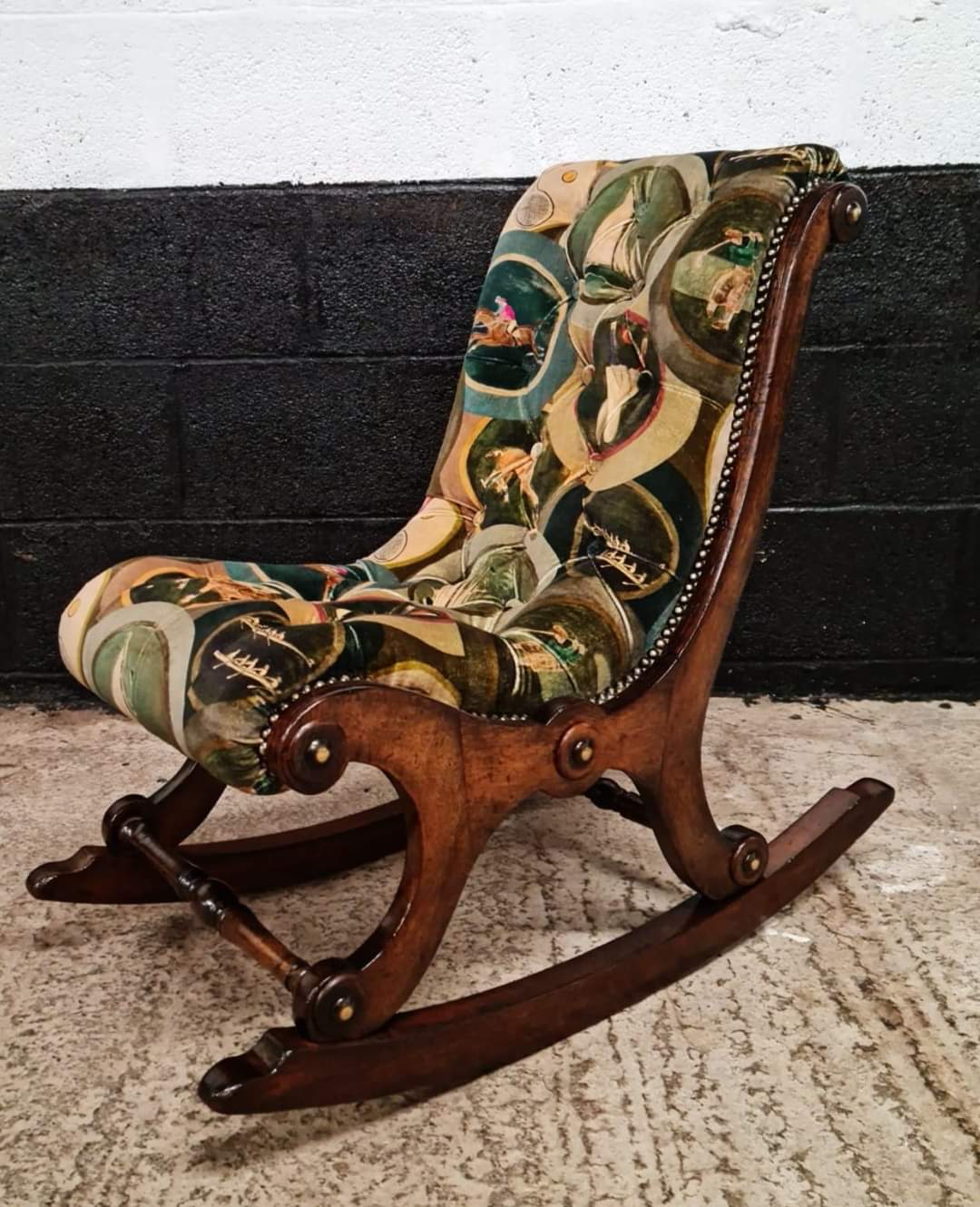 Restored antique nursing chair traditional upholstery upholstered in mulberry velvet gameshow and hand studded